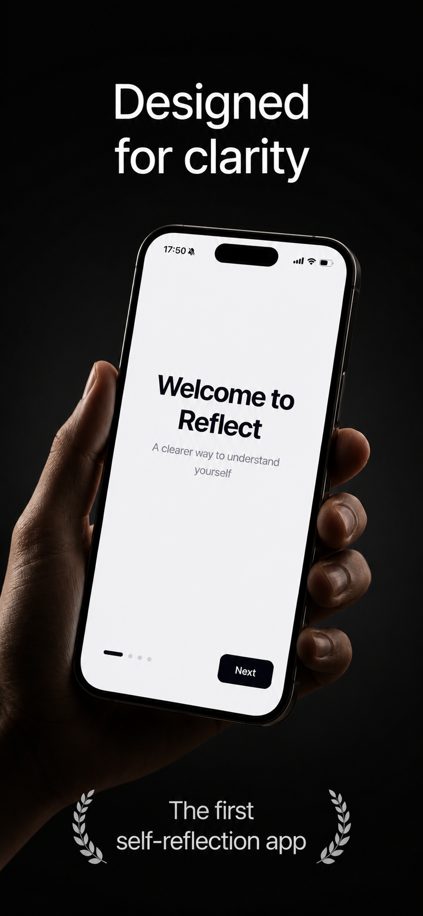 Reflect app held in hand with Designed for clarity headline