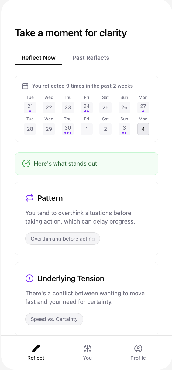Reflect app screen showing structured insight